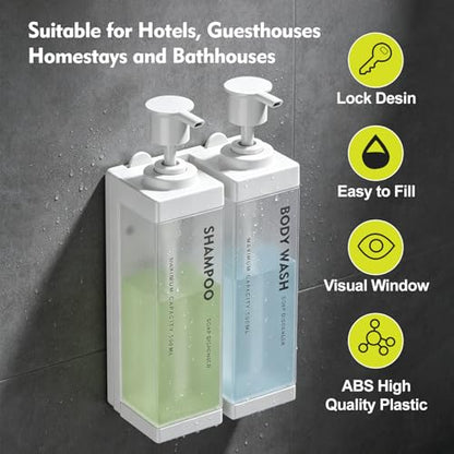 Wall Mounted Lockable Shampoo and Conditioner Dispenser | 17oz Large Pump Head No Drill Refillable ABS Plastic Bottle For Bathroom Shower Commercial Use White 2 Pack - color: White, size: 2