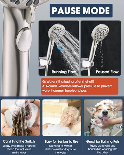 Handheld Shower Head with 6.56ft Extra Long Hose, On Off Switch 8-Seting High Preesure Hand Held Showerhead, Low-Reach Adhesive Holder for Kid, Disable& Elder (Brushed Nickel) - color: Brushed Nickel