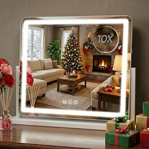 Antok Vanity Mirror with Lights, 24"X20" Lighted Makeup Mirror, Smart Touch, 3 Color Modes and Brightness Adjustable, LED Vanity Mirror with Detachable 10X Magnification, 360° Rotation for Makeup Desk - size: 24"L x 20"W