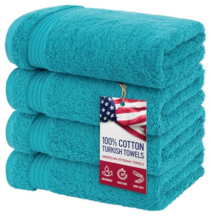 American Veteran Towel, Hand Towels for Bathroom Set of 4, 100% Cotton Turkish Hand Towel Sets, Soft Hand Face Towels, Aqua Blue Hand Towels - color: Aqua Blue, size: 16x28