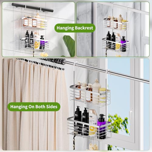SHANSHUI Shower Hanging Caddy, Double Bathroom Showers Organizer Basket, Shampoo Bracket, Over Door Shower Rack with Hooks, 304 Stainless Steel Rustproof - size: 10.8"D x 4.7"W x 25.9"H