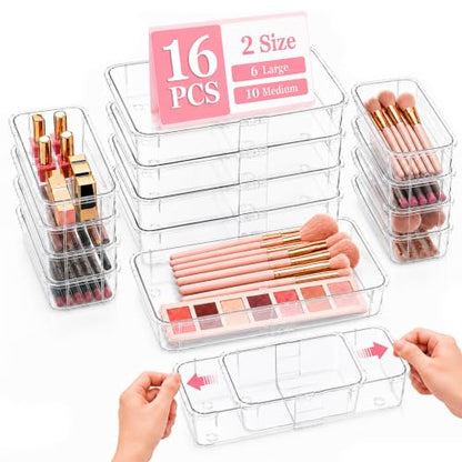 16 PCS Extendable Drawer Organizer Set Clear Stackable Vanity Storage Bins | 2-Size BPA-Free Acrylic Trays, Non-Slip Stackable Boxes for Makeup Cosmetics Office Desk Utensils Bathroom Dresser Countertop