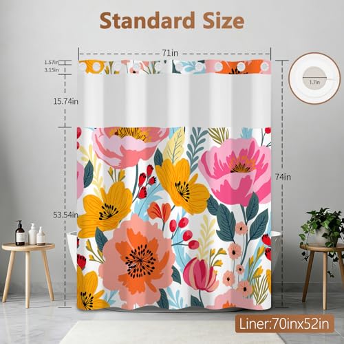 No Hook Shower Curtain with Snap in Liner, Boho Floral Shower Curtain with Mesh Top Window and Weighted Hem, 71x74 Inches Double-layer Waterproof Fabric Flower Shower Curtain and Removable Liner Set - color: Gorgeous Flowers