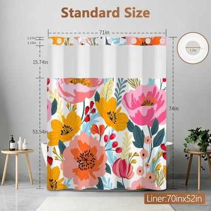 No Hook Shower Curtain with Snap in Liner, Boho Floral Shower Curtain with Mesh Top Window and Weighted Hem, 71x74 Inches Double-layer Waterproof Fabric Flower Shower Curtain and Removable Liner Set - color: Gorgeous Flowers