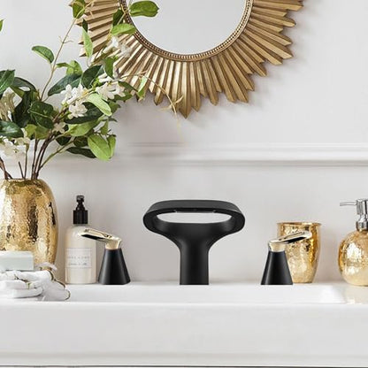 Black Bathroom Faucet 3 Hole, Modern Faucet for Bathroom Sink with Adjustable Spout, Solid Brass 8 Inch Widespread Waterfall Bathroom Faucets with Water Supply Hoses and 2 Gold Handles - color: Black Gold, style: Modern