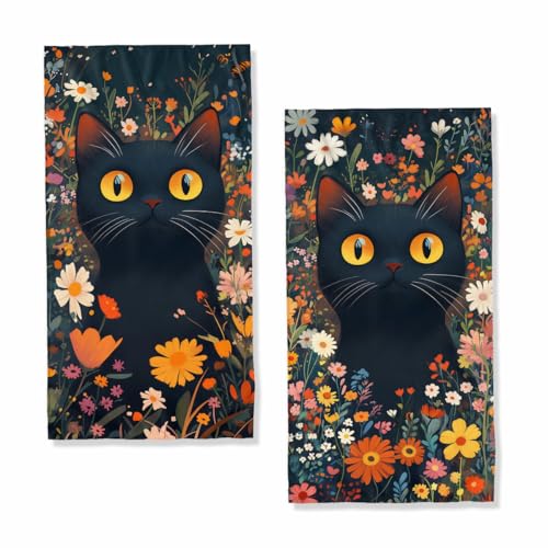 Black Cat Hand Towels Highly Absorbent Colorful Flower Anime Cute Cat Decorative Hand Towels for Bathroom Kitchen Home Spa Hotel Yoga,Bathroom Decor Accessories Gifts for Women Man 14x28 Inch - color: Black Cat