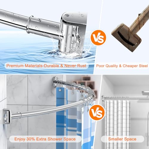 Curved Shower Curtain Rod, Adjustable 45-72 Inches Curved Shower Rod, Rustproof Shower Curtain Rod, Never Fall Telescoping Design for Bathroom, Silver, Need to Drill - color: Silver
