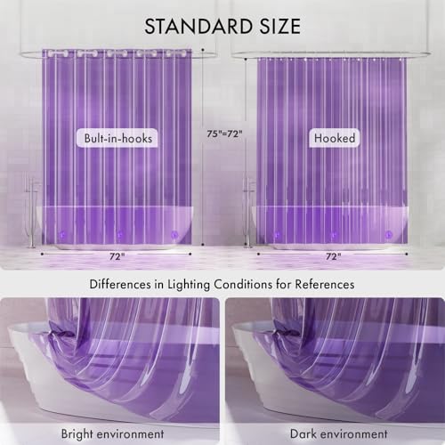 AmazerBath No Hook Shower Curtain and Liner 3-in-1, 8G Luxury Heavy Duty Clear Purple No Hook Shower Curtain Liner, 72x75 Cute EVA Bathroom Weighted Plastic Shower Curtain with 3 Heavyweight Stones - color: Rainbow Lavender
