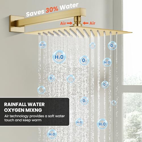 gotonovo Shower Faucet Set Push Button 10+6 Inch Dual Head Brushed Gold | Rain Dual Shower Head System with Handheld Spray for Couple,Push Button Diverter,High Pressure Valve Trim Kit,All Metal - color: Gold, size: 10+6 Inch Dual Head