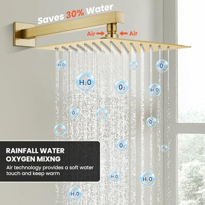 gotonovo Shower Faucet Set Push Button 10+6 Inch Dual Head Brushed Gold | Rain Dual Shower Head System with Handheld Spray for Couple,Push Button Diverter,High Pressure Valve Trim Kit,All Metal - color: Gold, size: 10+6 Inch Dual Head