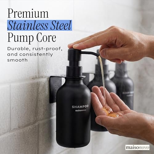 MaisoNovo Shampoo and Conditioner Dispenser|Refillable Black Set of 3 | 500 ml Shower Gel Dispenser Set of 3. Refillable Shampoo and Conditioner Bottles. Drill Free Secure Design. Black - color: Black Set of 3