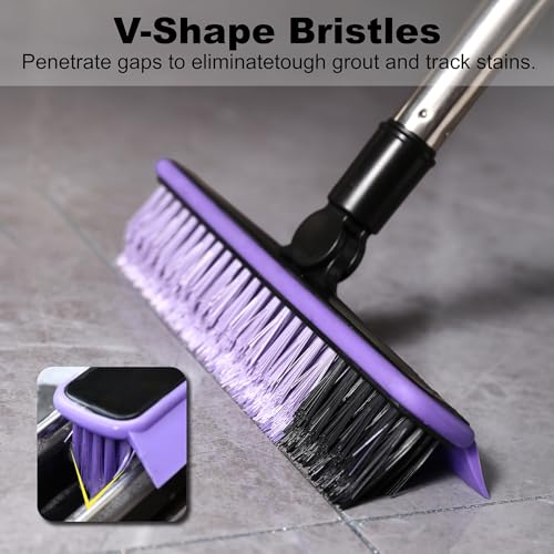 Grout Cleaner Brush with Long Handle, V-Shaped Floor Scrub Brush Swivel Grout Brush Stiff Bristle Floor Grout Scrubber for Bathroom, Tile Line, Crevice, Kitchen, Wall, Deck, Garage (Purple) - color: Purple