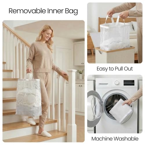 efluky Slim Laundry Basket with Lid, Narrow Laundry Hamper with Removable Bag, Skinny Dirty Clothes Basket with Bamboo Handles for Bathroom, Bedroom & Laundry Room, 90L Beige - color: Beige, size: 90L