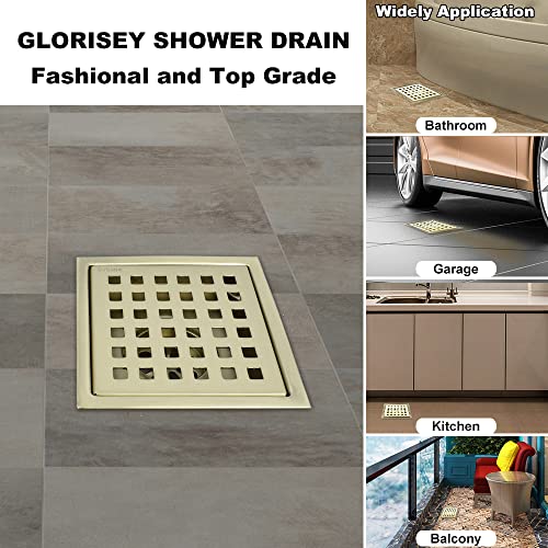 4 inch Square Shower Drain with Removable Cover Grid Grate,SUS 304 Stainless Steel Tile in Floor Drain,Brushed Gold - color: Brushed Gold (Without Drain Base/Adapter)