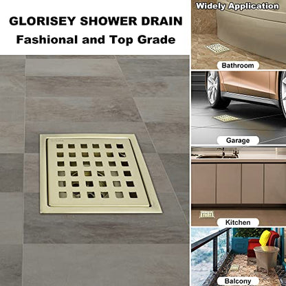 4 inch Square Shower Drain with Removable Cover Grid Grate,SUS 304 Stainless Steel Tile in Floor Drain,Brushed Gold - color: Brushed Gold (Without Drain Base/Adapter)