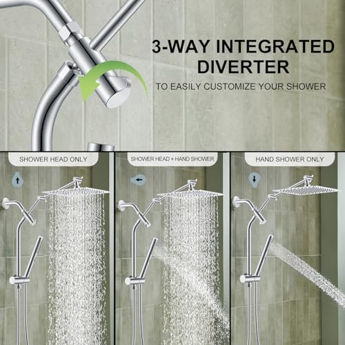 Chrome 10 Inch All Metal Rain Shower Head with Handheld Spray, Silver | High Pressure Rainfall Shower Head wih Adjustable Extension Arm, Dual Showerhead Set with 60" Shower Hose, Square Rainfall - color: Chrome