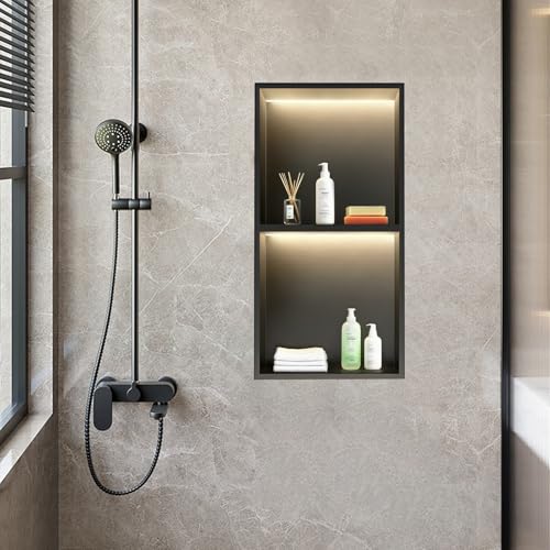 LED Shower Niche, No Tile Needed Niche, 24" X 12", Matte Black | Durable 304 Stainless Steel for Lifelong Use, 3000K Warm Led Lights, Waterproof&Leak-proof, 2 Tiers for Bathroom Storage