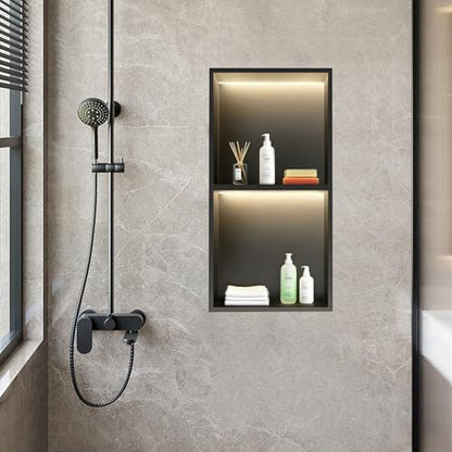 LED Shower Niche, No Tile Needed Niche, 24" X 12", Matte Black | Durable 304 Stainless Steel for Lifelong Use, 3000K Warm Led Lights, Waterproof&Leak-proof, 2 Tiers for Bathroom Storage