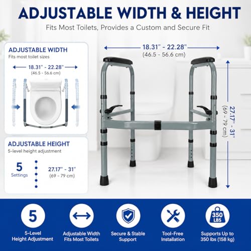 Toilet Safety Rails for Elderly, Foldable Adjustable Frame | 400 lb capacity, stand-alone design, non-slip handles, tool-free assembly, fits standard & elongated toilets