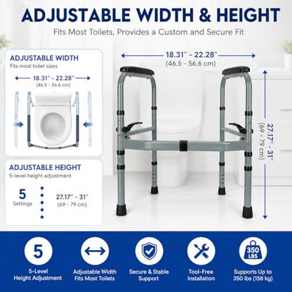 Toilet Safety Rails for Elderly, Foldable Adjustable Frame | 400 lb capacity, stand-alone design, non-slip handles, tool-free assembly, fits standard & elongated toilets