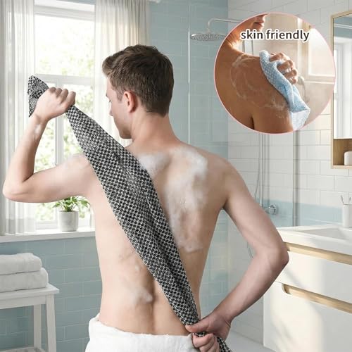 3 PCS Exfoliating Shower Towel, Body Scrubber Set, Dual-Sided Wash Cloth for Smooth Skin, Extra Long Bath Towel in Black Pink Blue Colors