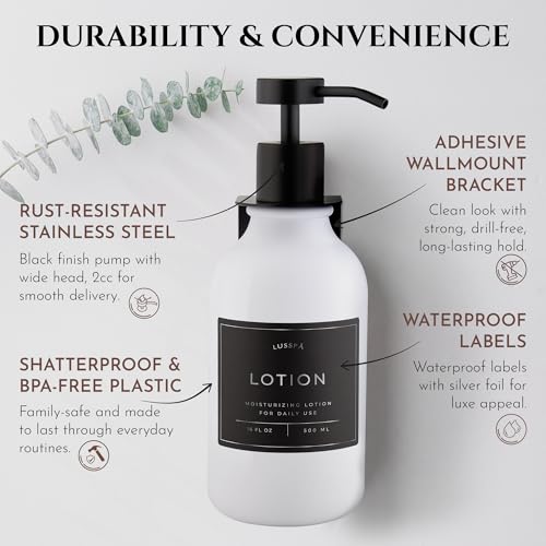 Shower Shampoo Dispenser Wall Mounted – Refillable 16.9 oz White Bottle with Stainless Steel Pump & No-Drill Adhesive Holder – Soap Dispenser for Bathroom (1 X White/Black) - color: 1 X White/Black