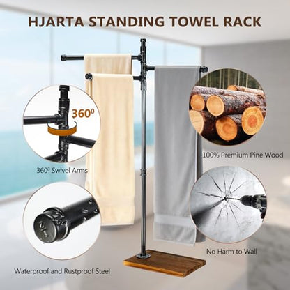 Hjarta Standing Towel Rack for Bathroom, 360° Swivel Freestanding Towel Holder with Wooden Base, 3 Rotating Arms for Bath Sheets & Pool, No-Drill Farmhouse Floor Stand for Spa, Bedroom