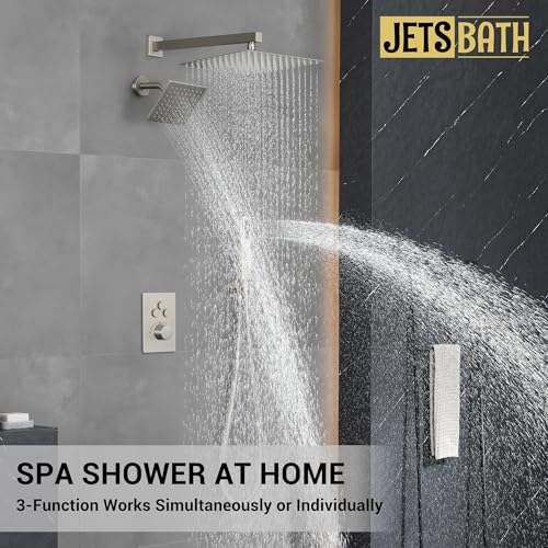Thermostatic Dual Shower System, Shower Faucet(Brushed Nickel) | 12 Inch Rainfall Shower Head, 6 Inch Wall Mount Head, High Pressure Handheld Sprayer, Push Button Valve - color: Brushed Nickel