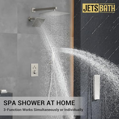 Thermostatic Dual Shower System, Shower Faucet(Brushed Nickel) | 12 Inch Rainfall Shower Head, 6 Inch Wall Mount Head, High Pressure Handheld Sprayer, Push Button Valve - color: Brushed Nickel