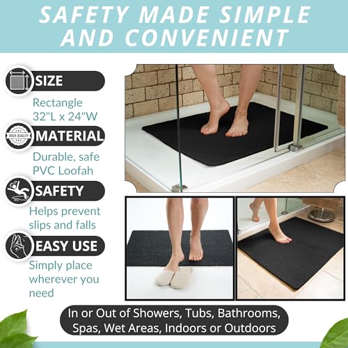 Enkosi Loofah Non-Slip Shower Mat - Shower Floors, Bathtub, Bathrooms, Wet Areas - Cushioned Bath Mat with Drain Holes - Quick Dry PVC, Secure Safety Pad Without Suction Cups (32x24 Black) - color: Black, size: 32" x 24" (Rectangular)