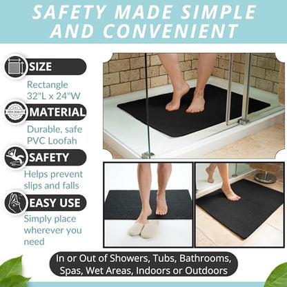 Enkosi Loofah Non-Slip Shower Mat - Shower Floors, Bathtub, Bathrooms, Wet Areas - Cushioned Bath Mat with Drain Holes - Quick Dry PVC, Secure Safety Pad Without Suction Cups (32x24 Black) - color: Black, size: 32" x 24" (Rectangular)