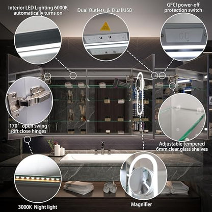 Luxury 72" Wall-Mounted LED Bathroom Medicine Cabinet, Outlets, Anti-Fog | Surface-Mount/Recessed, Double-Sided Mirror Cabinet, 3 Color Temp, DTC Silent-Close Hinges, Adjustable Tempered Glass Shelfs - size: 72"W x 36"H