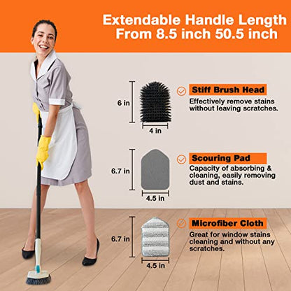3 in 1 Scrub Cleaning Brush with Long Handle 51'' - Shower Bathtub Tub & Tile Scrubber Brush Include 1 Stiff Brush Head & 3 Scouring Pads & 3 Microfiber Clothes, for Wall Bathroom Glass Bathtub(White) | Tub & Tile Scrubber Brush of 1 Stiff Brush Head & 3