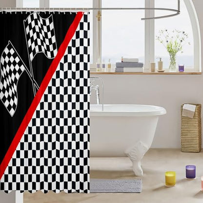 Homewish Racing Car Bath Curtain Panel,Race Car Flag Extreme Sports Waterproof Fabric Shower Curtain,Geometric Grid Black White Check Bathroom Curtain with 12 Hooks, 72Wx78L inch - color: Multi 09, size: 72"Wx78" L