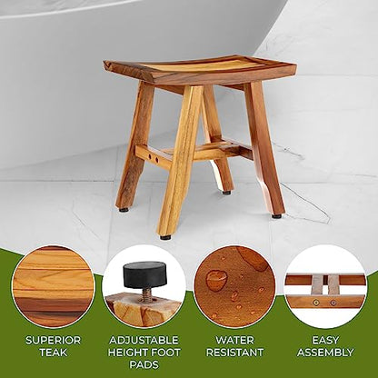 EcoDecors® Satori® 14" Solid Teak Shower Bench, Water-Resistant Bath Stool with Adjustable Feet, EarthyTeak Finish, Indoor/Outdoor Use - size: 14" L x 10" W x 14" H