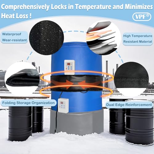 Industrial 55-Gallon Barrel Heater with 0-212℉ Adjustable Thermostat, 1200W Waterproof Drum Heater Blanket for Metal Barrels & Propane Tanks, 24H Timer, UL/FCC Certified Energy-Saving Heating System - size: 5X68.5in