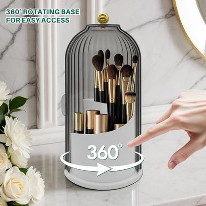 Makeup Brush Holder with Lid Cosmetic Tools Organizer 360 Rotating Waterproof Dustproof Make Up Brushes Storage for Vanity Bathroom Countertop - color: Black