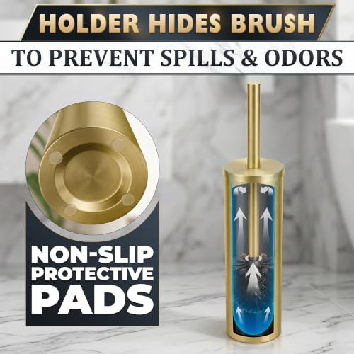 Stainless Steel Toilet Brush and Holder Set, Splash Guard (Gold) | Toilet Bowl Brush and Holder, Removable Inner Bowl, Dense Bristles, Long Handle, Scratch Resistant, for Modern Bathrooms - color: Gold