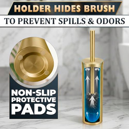 Stainless Steel Toilet Brush and Holder Set, Splash Guard (Gold) | Toilet Bowl Brush and Holder, Removable Inner Bowl, Dense Bristles, Long Handle, Scratch Resistant, for Modern Bathrooms - color: Gold