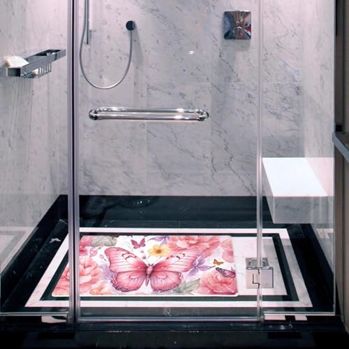 Bath Tub Mat Non Slip 15.1 x 26.8 Inch, Watercolor Seamless Pink Butterflies Eco Friendly Bathmat with Suction Cups Drain Holes Shower Tub Mats - color: Multi 10