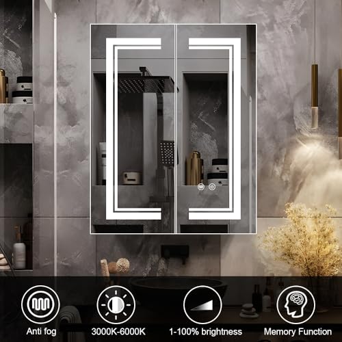 High-End Led Medicine Cabinet,Lighted Medicine Cabinet,3 Colors&Dimmable,Demister,Lighted Glass Shelf,USB Shaver Socket.Surface Mount or Recess Mount,24×30inch - size: 24×30inch