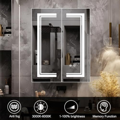 High-End Led Medicine Cabinet,Lighted Medicine Cabinet,3 Colors&Dimmable,Demister,Lighted Glass Shelf,USB Shaver Socket.Surface Mount or Recess Mount,24×30inch - size: 24×30inch