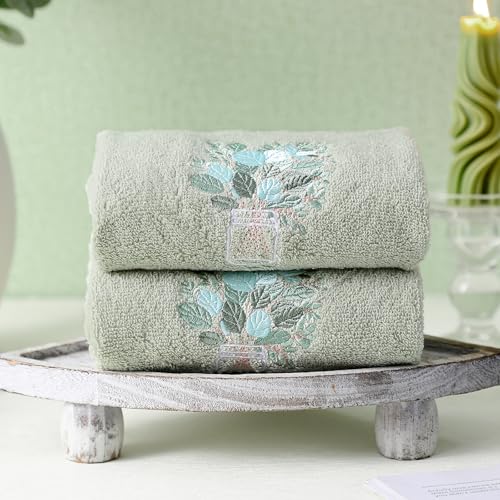 SmoothNovelty 2 Pcs Eucalyptus Hand Towels Gray Green Bathroom Decor 14x29 Inch Embroidered 100% Cotton Soft Absorbent Spring Summer Decorative Hand Towels for Bathroom Kitchen - style: Eucalyptus