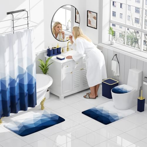 XLHOMO Bathroom Accessory Set - 26PC Bathroom Shower Curtain and Rug Set, Bathroom Accessories Set, Navy Blue Bathroom Set with Trash Can, Toilet Brush, Qtip Holder & Soap Dispenser - style: Navy Blue