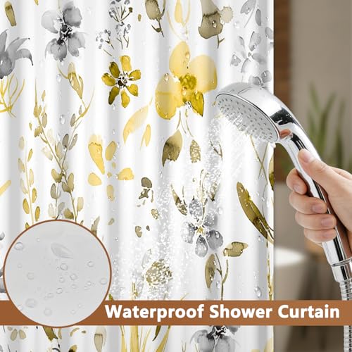 No Hook Watercolor Floral Shower Curtain with Liner, Bathroom Hook-free Shower Curtain and Snap in Liner Set, Farmhouse Waterproof Shower Curtains with Sheer Top Window and Weighted Hem, 71x74 Inches - color: Yellow Wildflower