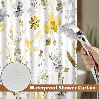 No Hook Watercolor Floral Shower Curtain with Liner, Bathroom Hook-free Shower Curtain and Snap in Liner Set, Farmhouse Waterproof Shower Curtains with Sheer Top Window and Weighted Hem, 71x74 Inches - color: Yellow Wildflower