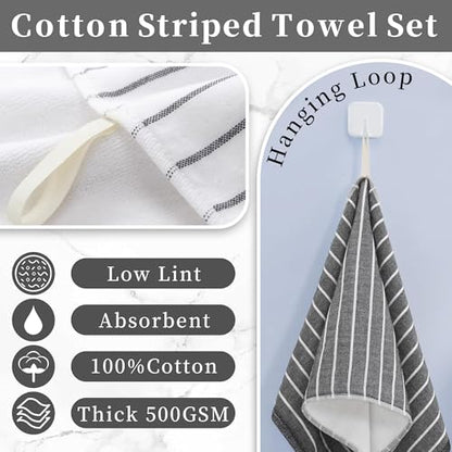 VOOVA & MOVAS Black Striped Hand Towels 4 Pack, 100% Cotton, 13x28 in | Great for Home Bathroom & Spa, Hanging Loops, 450GSM Thick, Ultra Absorbent & Quick Dry, Classic Black White Striped - color: White Black Stripe