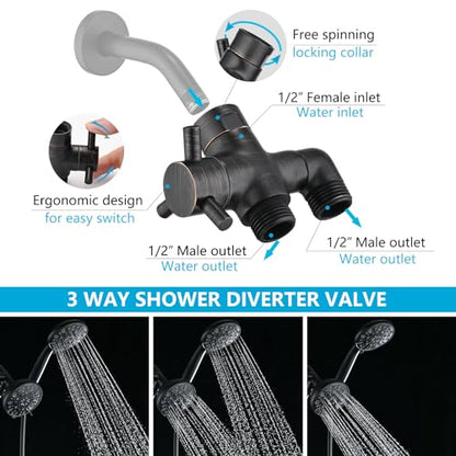 PDPBath Brass 3 Way Shower Arm Diverter Valve for Handheld Shower Head and Fixed Shower Head, G1/2 Universal Connection - Oil Rubbed Bronze - color: Oil Rubbed Bronze