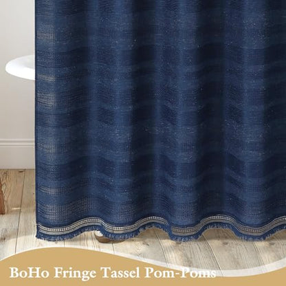 Small Stall Boho Farmhouse Shower Curtain with Tassel, Linen Bohemian French Country Chic Bathroom Shower Curtain Set, Modern Striped Textured Shower Curtain 36x72 - Navy Blue - color: Navy, size: 36"W x 72"L (Pack of 1)