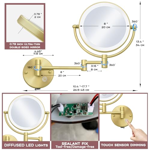 8 Inch Brass Rechargeable Lighted Wall Mounted Makeup Mirror Gold, 1X/5X Double Sided Vanity Mirror with Light and Magnification, 360 Swivel Extendable Shaving Mirror, Brushed Gold - color: Brushed Gold